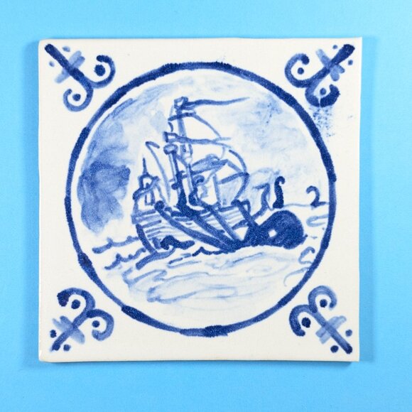 The Kraken handmade hand painted pottery tile blue on white plant trivet - Picture 1 of 5